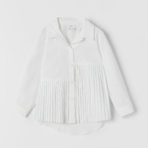 NWT Zara girls white pleated button front long sleeve top Size 6